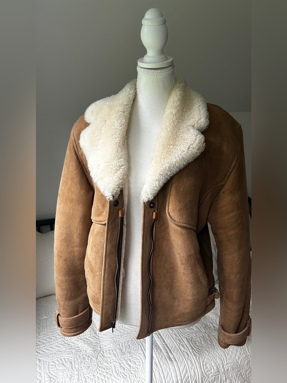Womens Tan 100% Shearling-Lined bomber style Leather Jacket